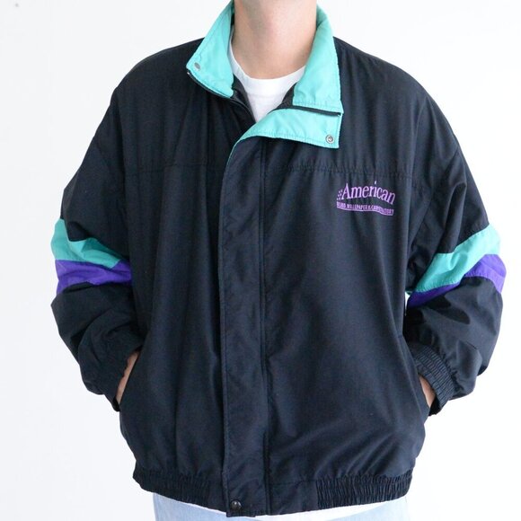 Vintage 90S Halloway Black Teal Zip Up Windbreaker Nautical Jacket XL - Picture 2 of 9
